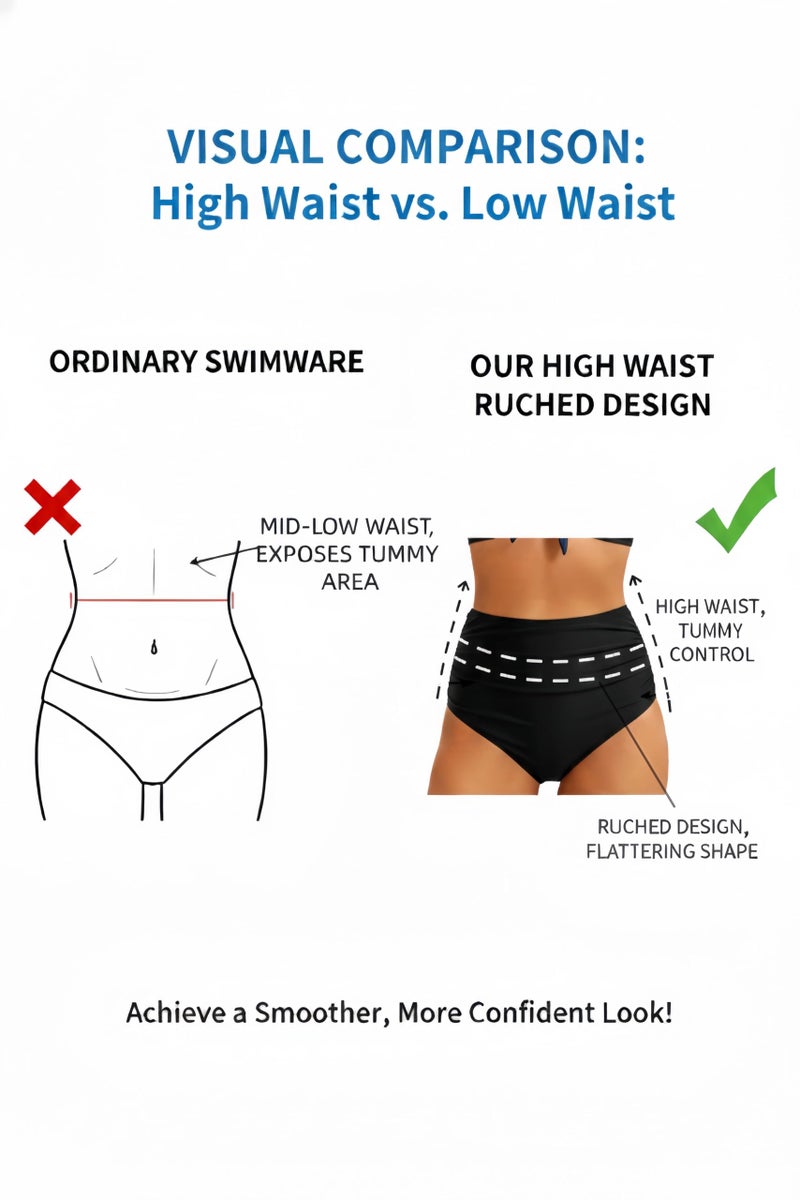 Tempt Me Black Two Piece Swimsuits - High Waisted Bikini Tummy Control Full Coverage Bathing Suits Ruched Tie Knot Swimwear L - Image 2
